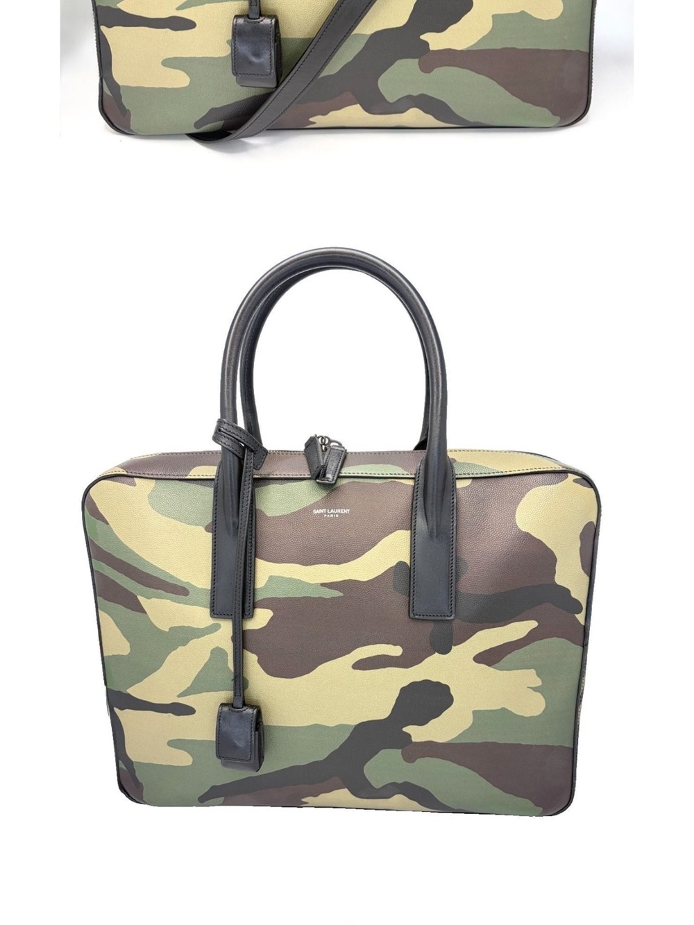 Saint Laurent Camouflage Leather Briefcase in Green and Brown